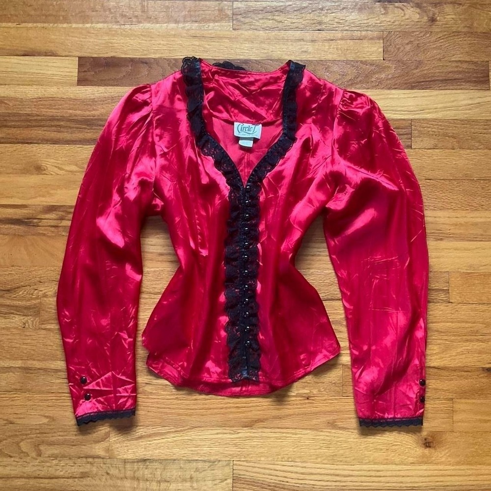 Vintage 1980s Red Satin + Black Lace Long Sleeve Shirt Size L Whimsygoth Pirate